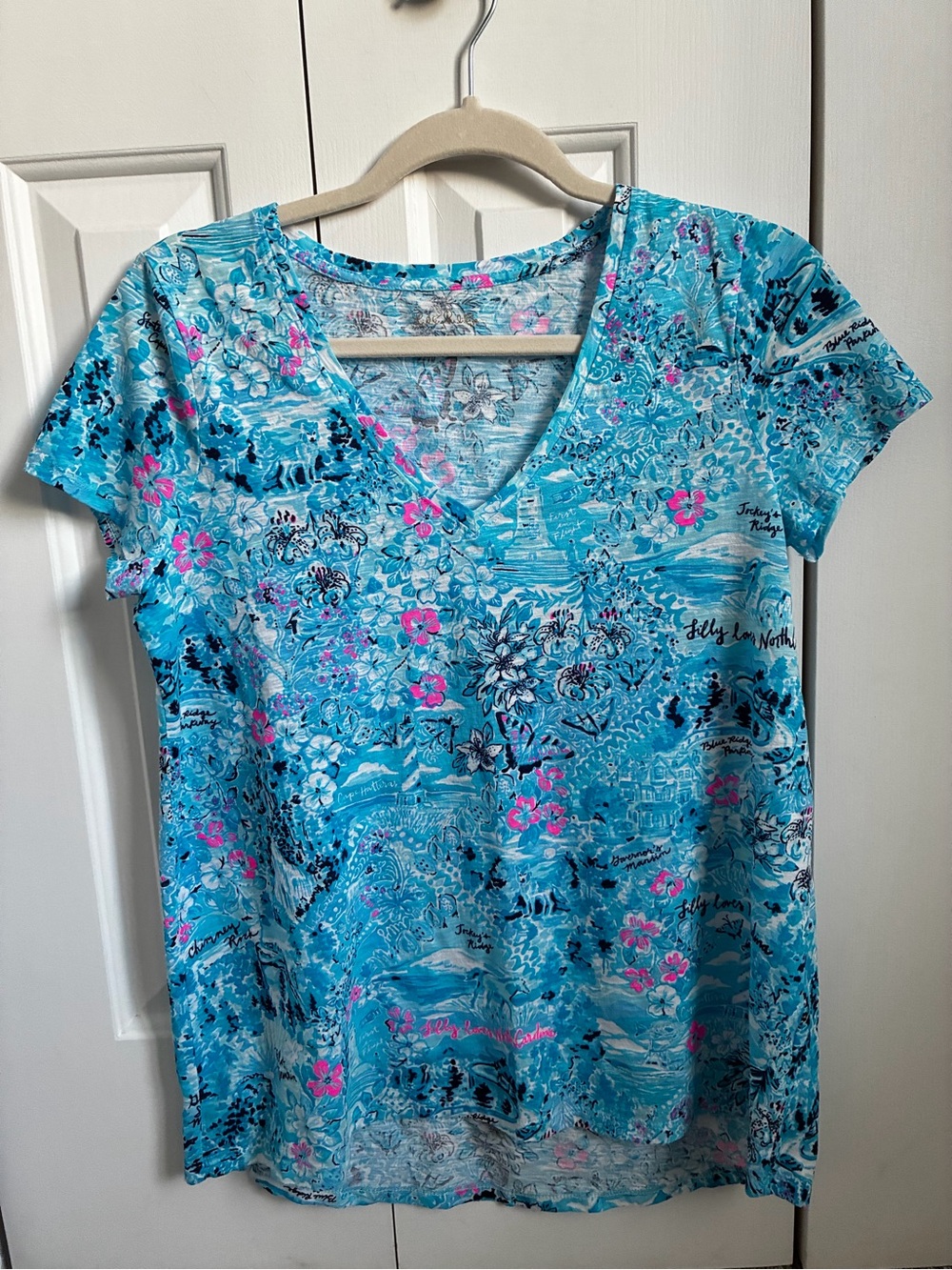 Lilly Pulitzer Blue V-Neck Short Sleeve Floral Scenic Tee